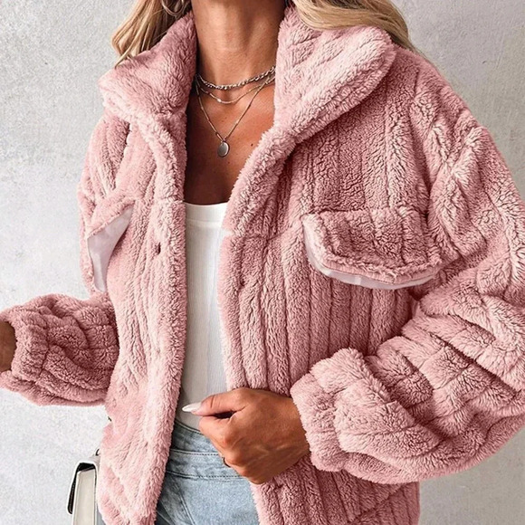 Pink Casual Women's Fashion Stand Collar Fuzzy Jacket Coat - Picture 3 of 7